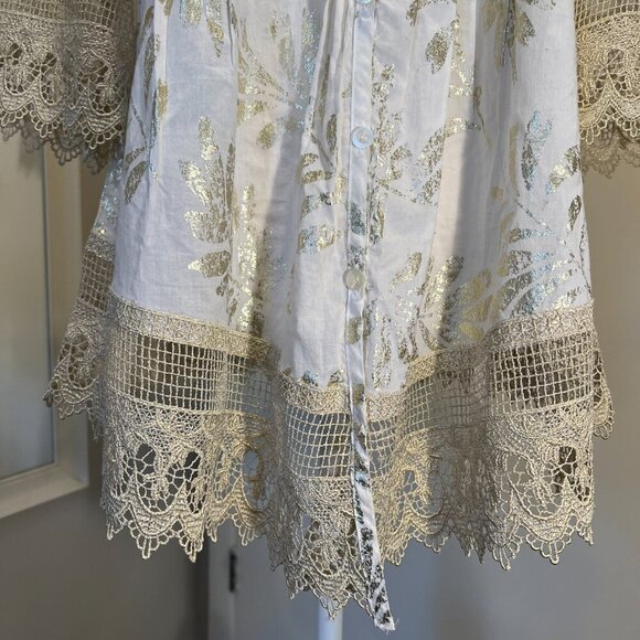 Alfani White and Gold Pintuck Metallic Lace Cotton Tunic Top, Size 2 - Picture 4 of 16